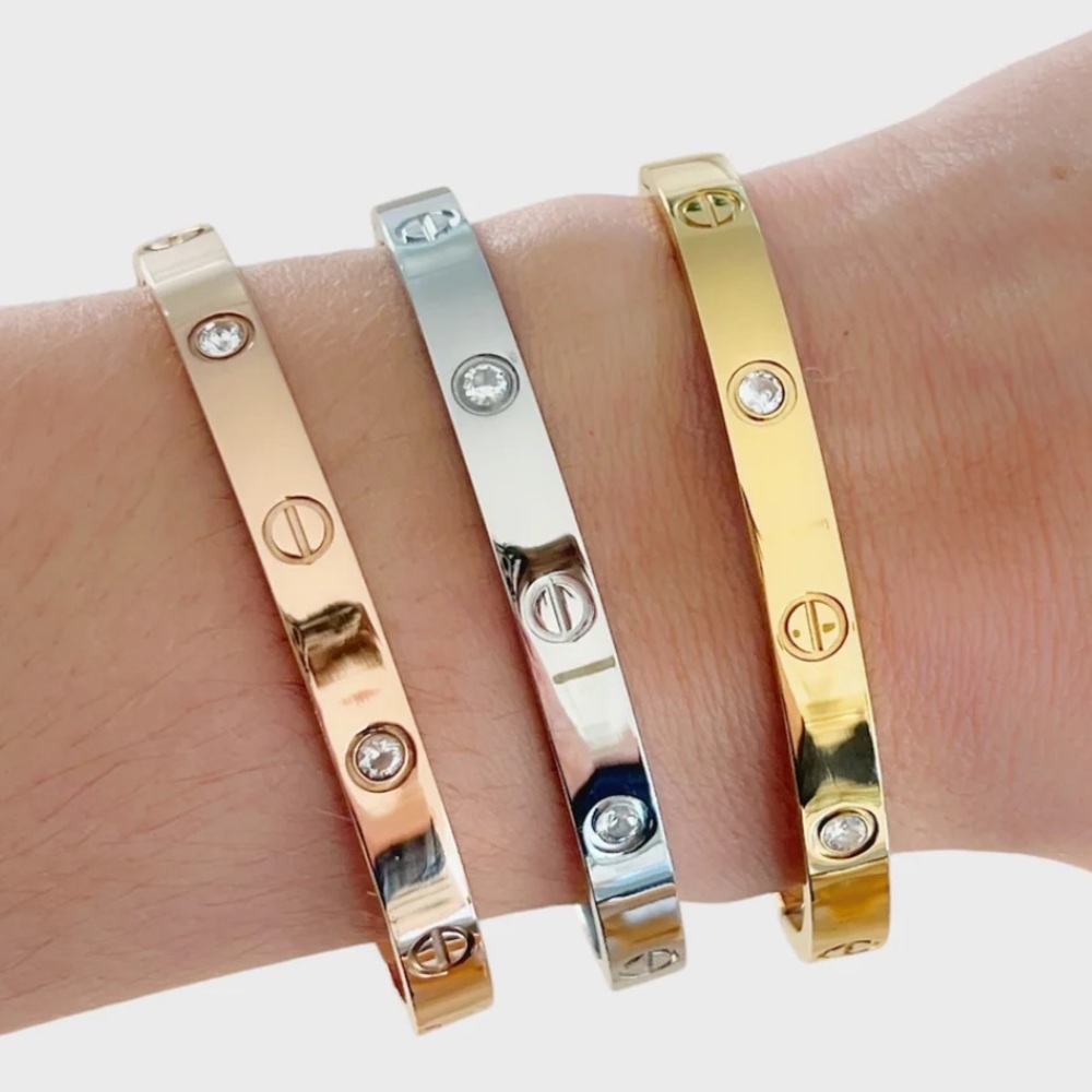 Gold Bangle Bracelet With Stones Stainless Steel 18K Gold Plated